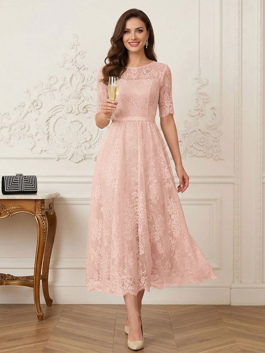 A-Line/Princess Illusion Neck Half Sleeves Tea-Length Mother of the Bride Dresses with Applique &amp; Sash