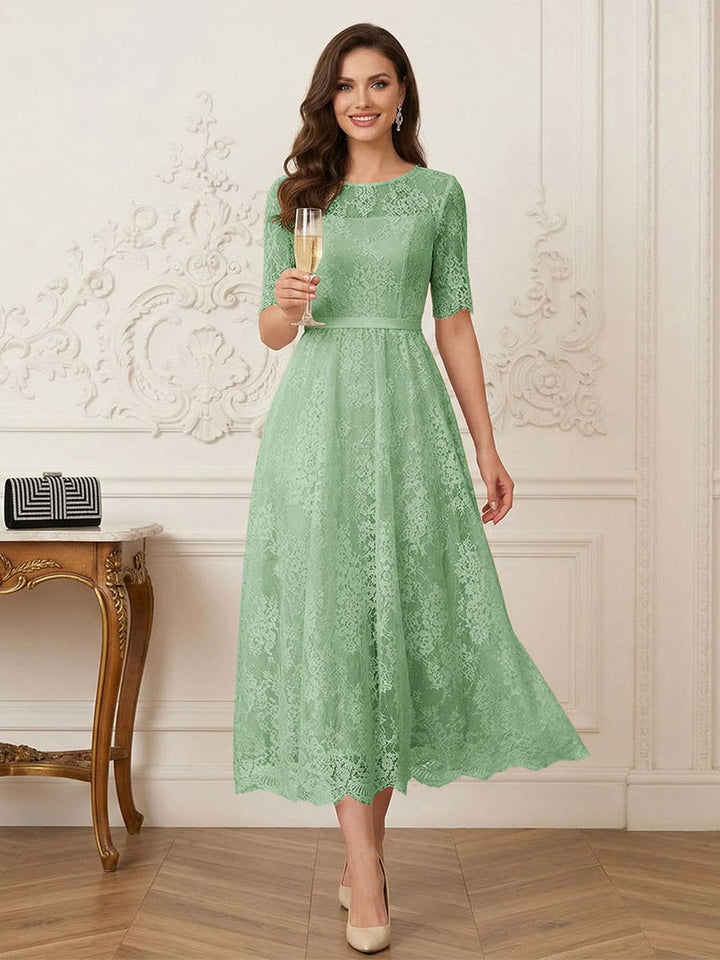 A-Line/Princess Illusion Neck Half Sleeves Tea-Length Mother of the Bride Dresses with Applique &amp; Sash