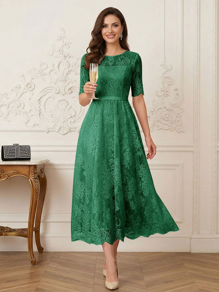 A-Line/Princess Illusion Neck Half Sleeves Tea-Length Mother of the Bride Dresses with Applique &amp; Sash