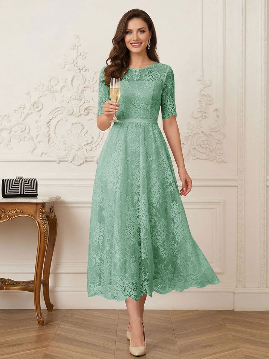 A-Line/Princess Illusion Neck Half Sleeves Tea-Length Mother of the Bride Dresses with Applique &amp; Sash