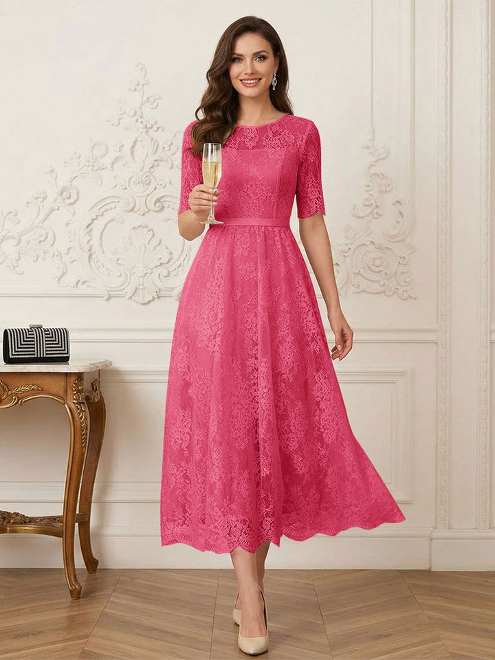 A-Line/Princess Illusion Neck Half Sleeves Tea-Length Mother of the Bride Dresses with Applique &amp; Sash