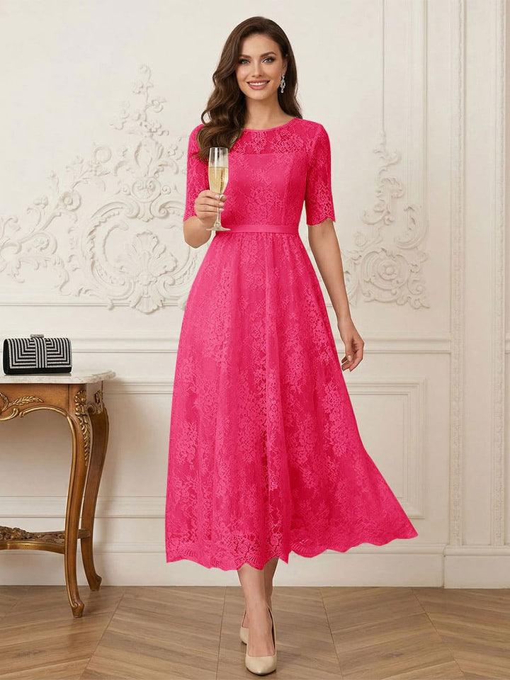 A-Line/Princess Illusion Neck Half Sleeves Tea-Length Mother of the Bride Dresses with Applique &amp; Sash