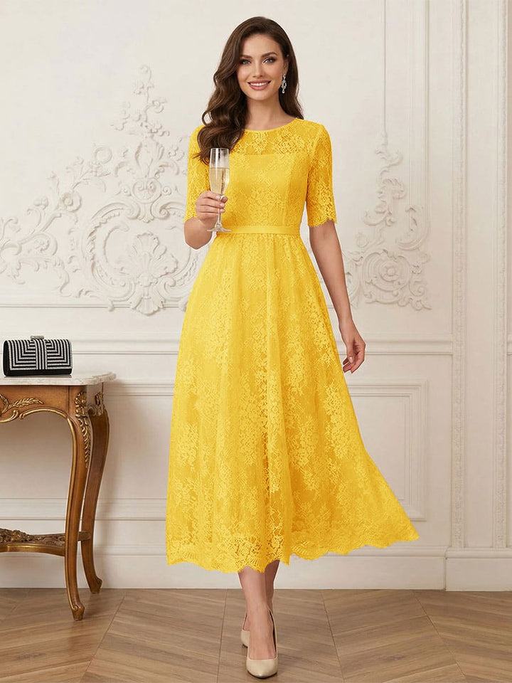 A-Line/Princess Illusion Neck Half Sleeves Tea-Length Mother of the Bride Dresses with Applique &amp; Sash