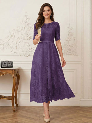 A-Line/Princess Illusion Neck Half Sleeves Tea-Length Mother of the Bride Dresses with Applique & Sash