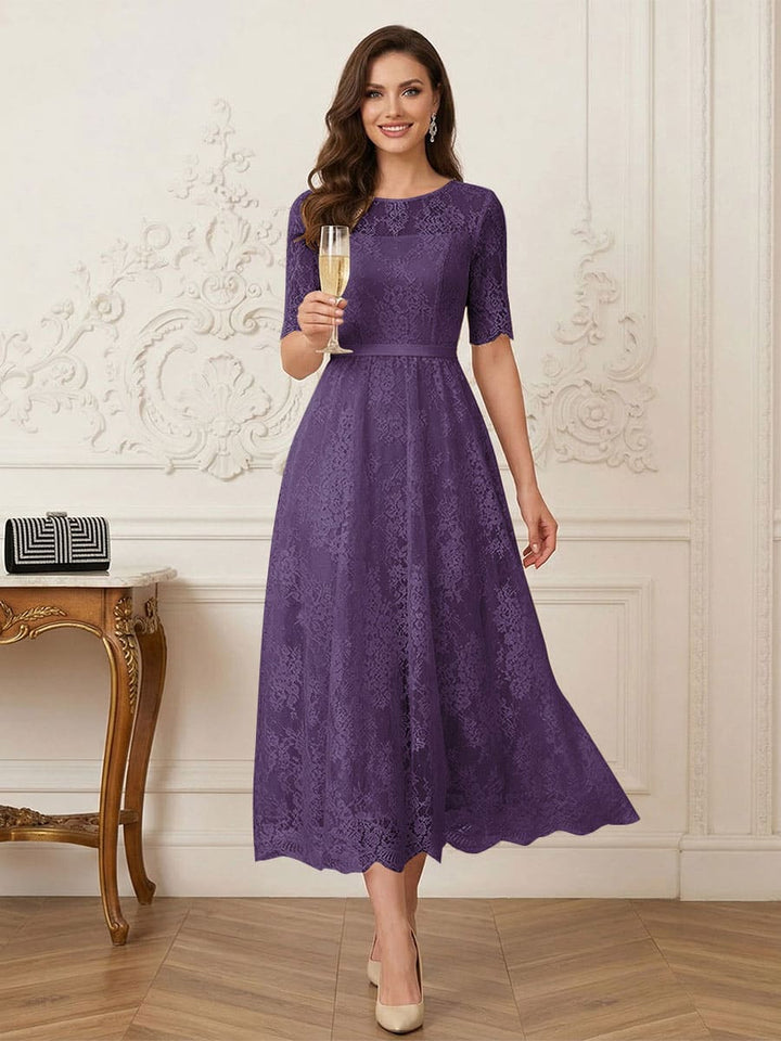 A-Line/Princess Illusion Neck Half Sleeves Tea-Length Mother of the Bride Dresses with Applique &amp; Sash
