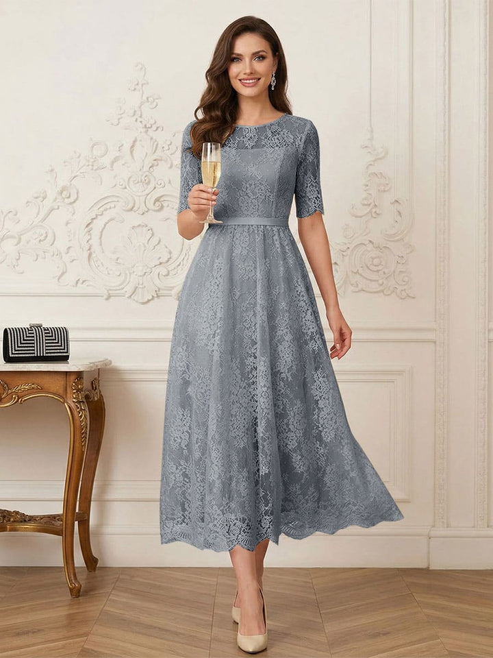 A-Line/Princess Illusion Neck Half Sleeves Tea-Length Mother of the Bride Dresses with Applique &amp; Sash
