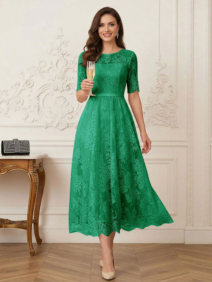 A-Line/Princess Illusion Neck Half Sleeves Tea-Length Mother of the Bride Dresses with Applique &amp; Sash