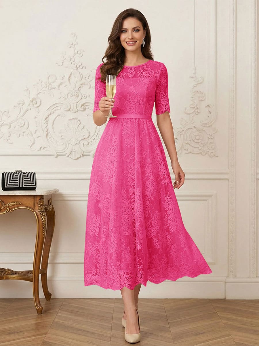 A-Line/Princess Illusion Neck Half Sleeves Tea-Length Mother of the Bride Dresses with Applique &amp; Sash