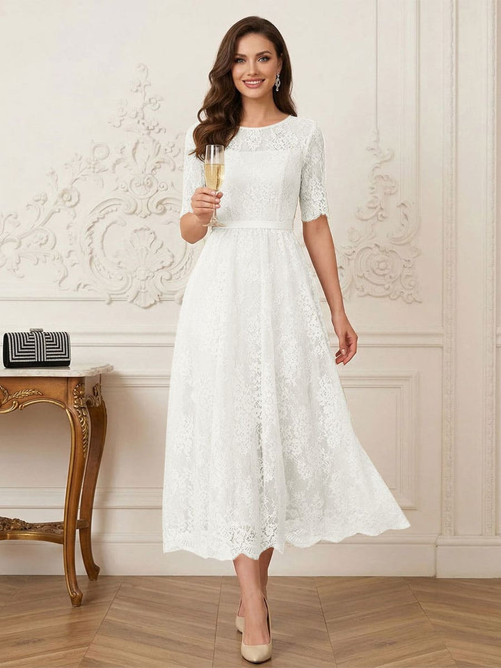 A-Line/Princess Illusion Neck Half Sleeves Tea-Length Mother of the Bride Dresses with Applique &amp; Sash