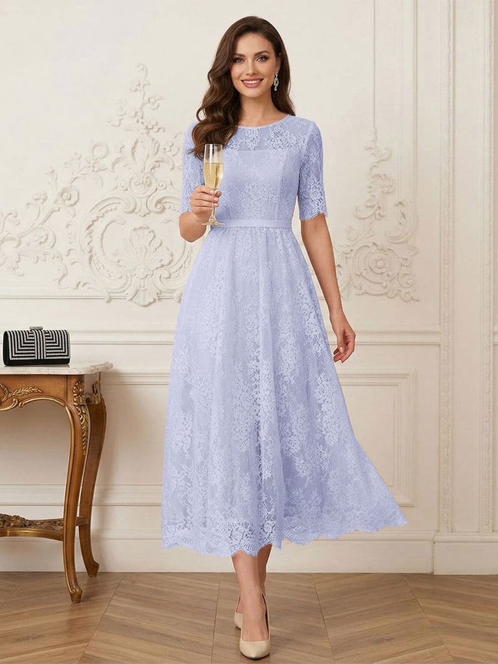 A-Line/Princess Illusion Neck Half Sleeves Tea-Length Mother of the Bride Dresses with Applique &amp; Sash