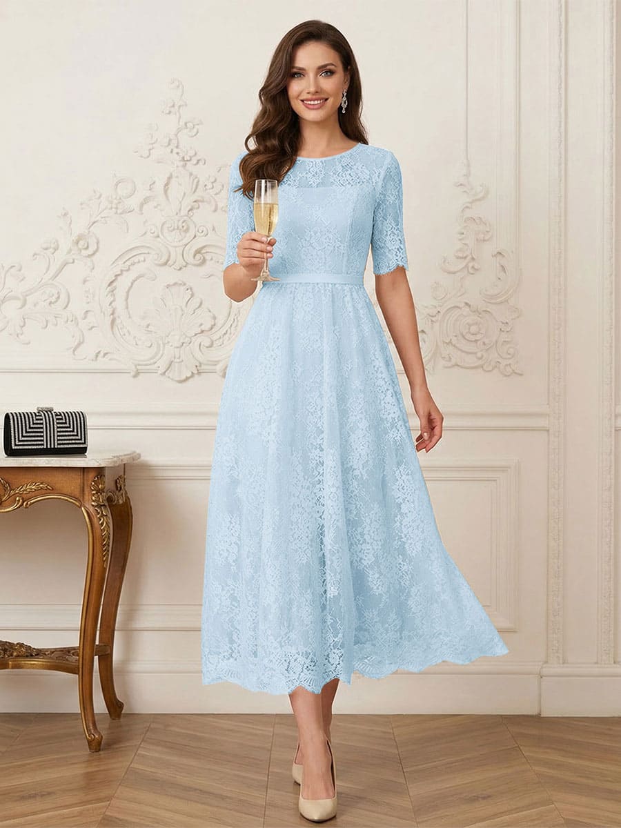 A-Line/Princess Illusion Neck Half Sleeves Tea-Length Mother of the Bride Dresses with Applique &amp; Sash