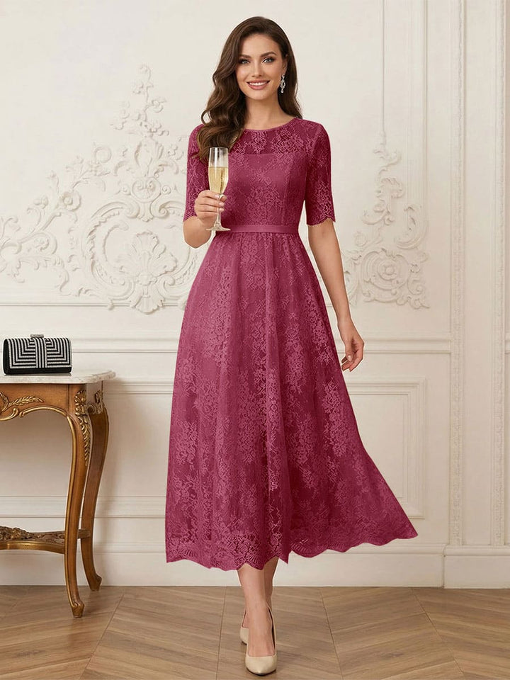 A-Line/Princess Illusion Neck Half Sleeves Tea-Length Mother of the Bride Dresses with Applique &amp; Sash