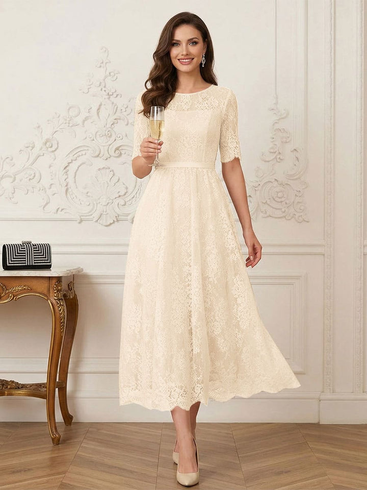 A-Line/Princess Illusion Neck Half Sleeves Tea-Length Mother of the Bride Dresses with Applique &amp; Sash