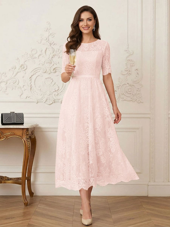 A-Line/Princess Illusion Neck Half Sleeves Tea-Length Mother of the Bride Dresses with Applique &amp; Sash