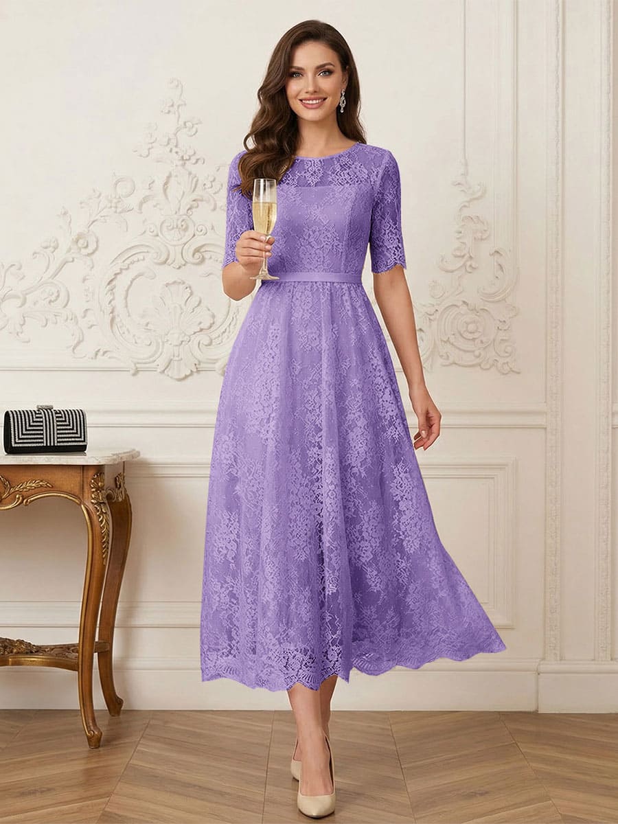 A-Line/Princess Illusion Neck Half Sleeves Tea-Length Mother of the Bride Dresses with Applique &amp; Sash