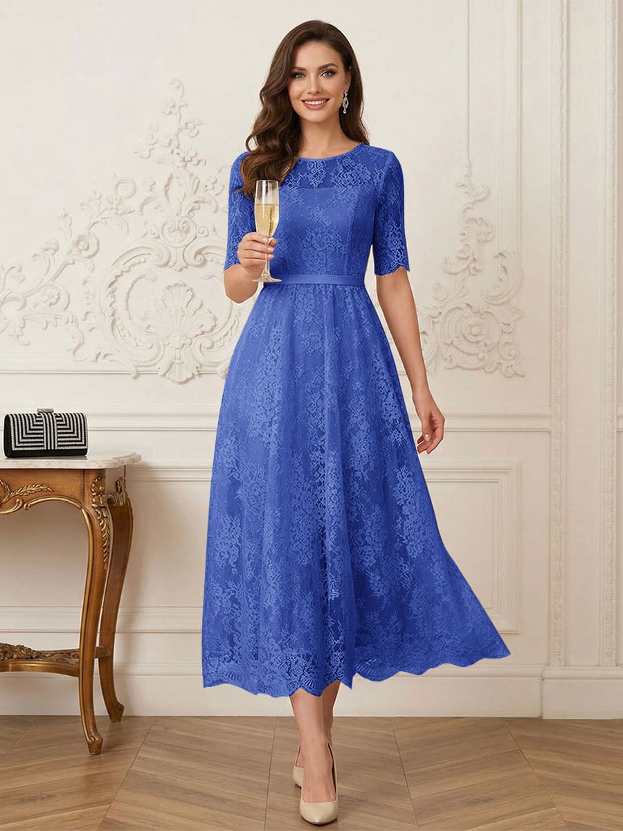 A-Line/Princess Illusion Neck Half Sleeves Tea-Length Mother of the Bride Dresses with Applique &amp; Sash