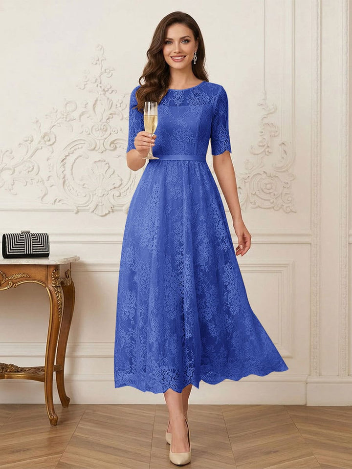 A-Line/Princess Illusion Neck Half Sleeves Tea-Length Mother of the Bride Dresses with Applique &amp; Sash
