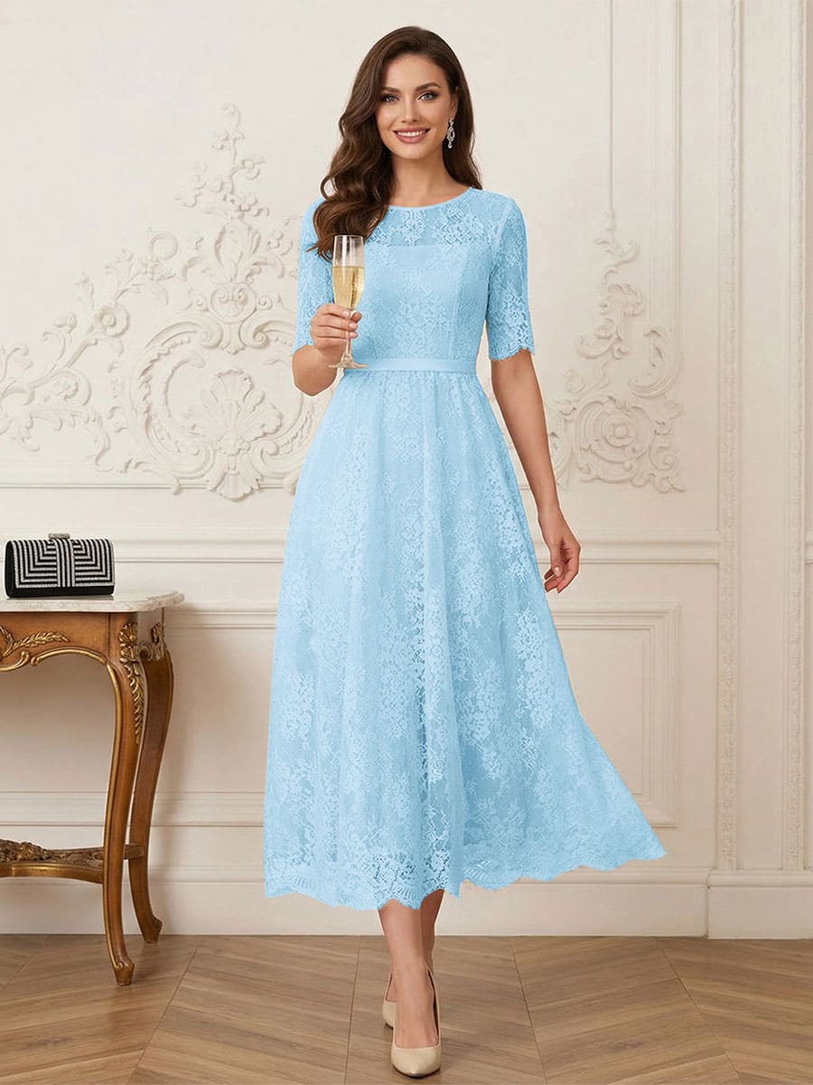 A-Line/Princess Illusion Neck Half Sleeves Tea-Length Mother of the Bride Dresses with Applique &amp; Sash