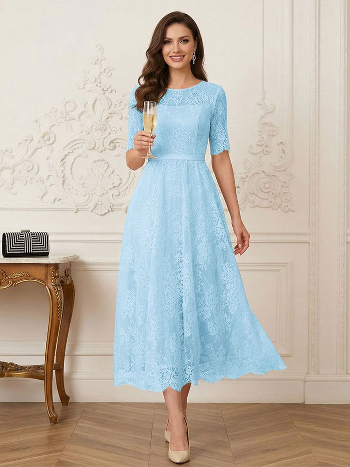 A-Line/Princess Illusion Neck Half Sleeves Tea-Length Mother of the Bride Dresses with Applique &amp; Sash