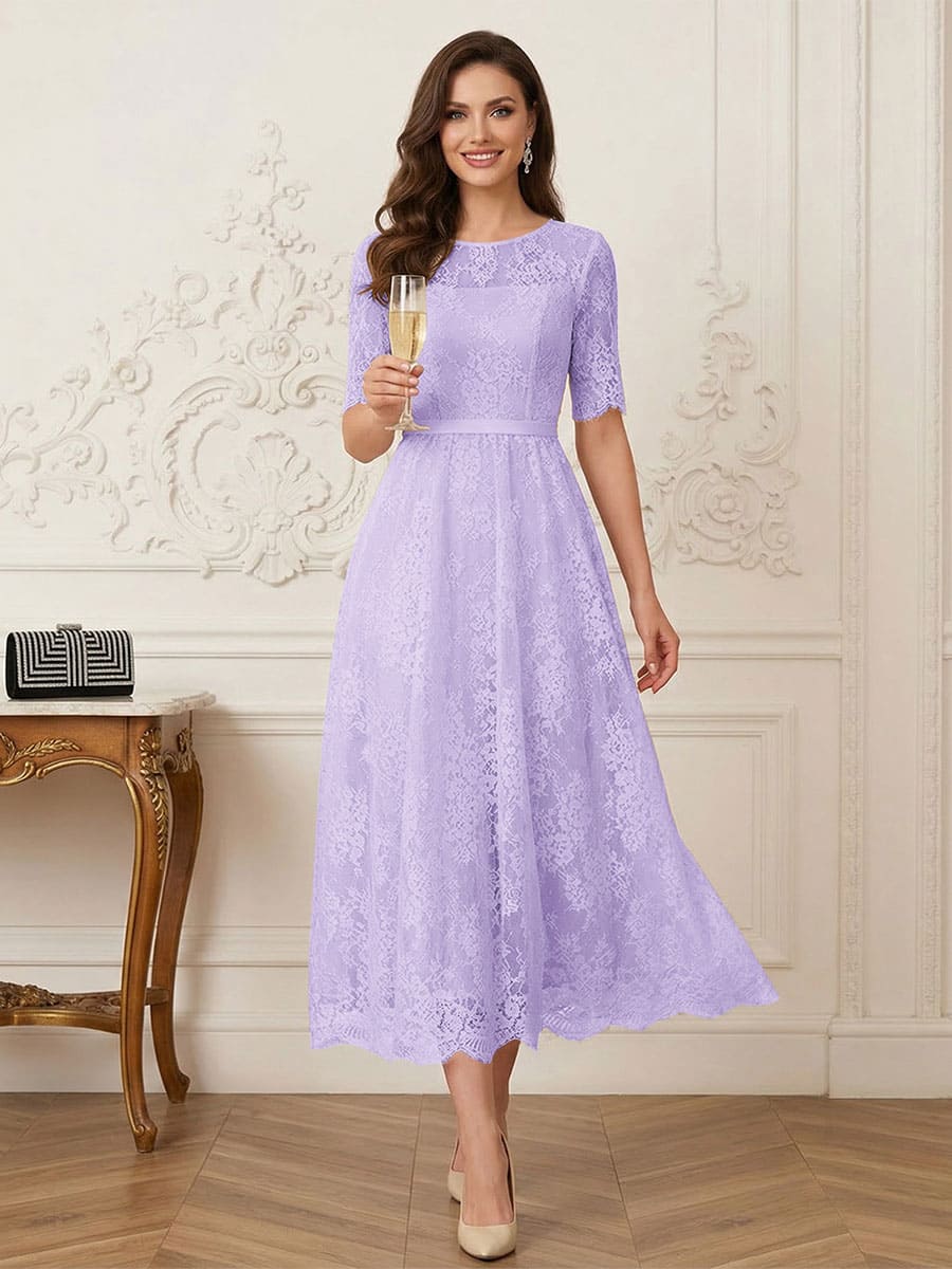 A-Line/Princess Illusion Neck Half Sleeves Tea-Length Mother of the Bride Dresses with Applique &amp; Sash