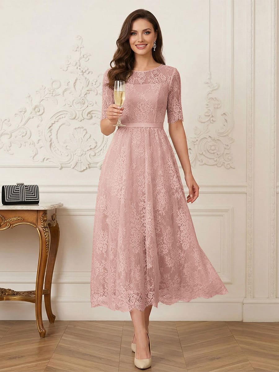 A-Line/Princess Illusion Neck Half Sleeves Tea-Length Mother of the Bride Dresses with Applique &amp; Sash