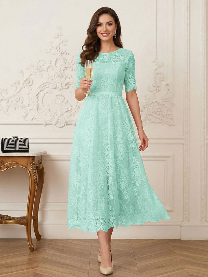A-Line/Princess Illusion Neck Half Sleeves Tea-Length Mother of the Bride Dresses with Applique &amp; Sash