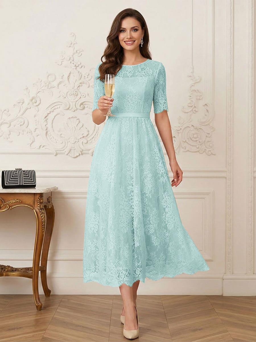 A-Line/Princess Illusion Neck Half Sleeves Tea-Length Mother of the Bride Dresses with Applique &amp; Sash