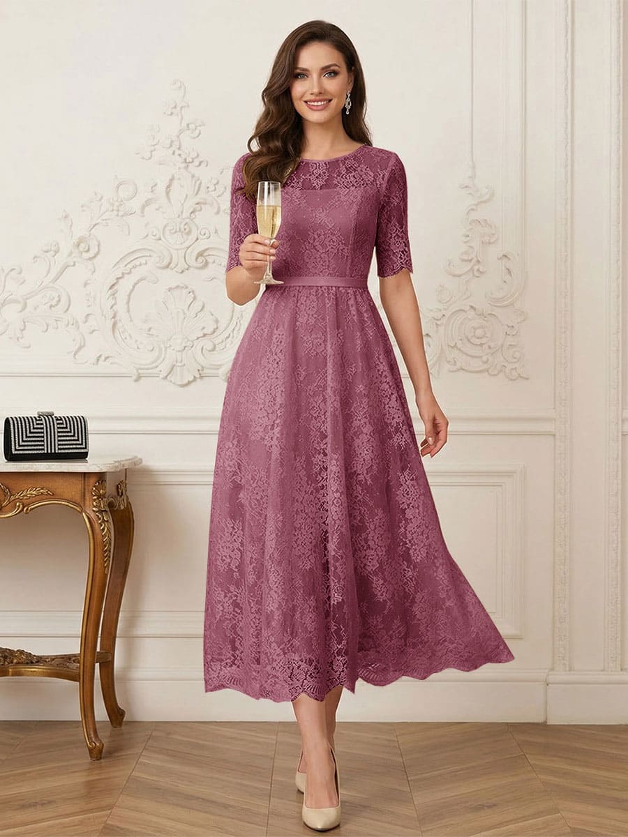 A-Line/Princess Illusion Neck Half Sleeves Tea-Length Mother of the Bride Dresses with Applique &amp; Sash