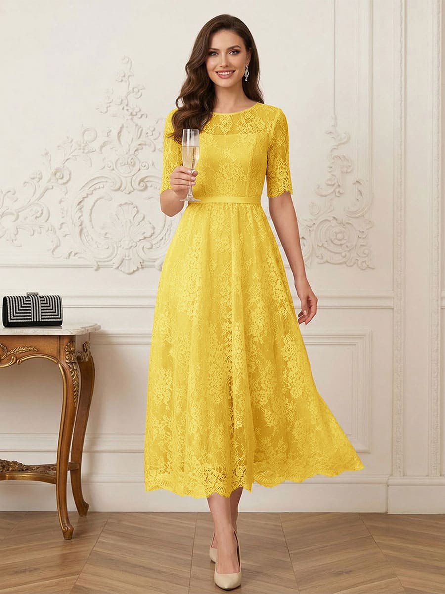 A-Line/Princess Illusion Neck Half Sleeves Tea-Length Mother of the Bride Dresses with Applique &amp; Sash