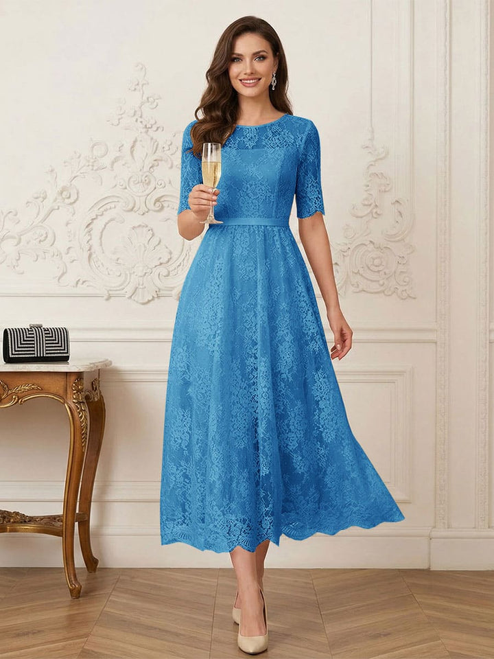 A-Line/Princess Illusion Neck Half Sleeves Tea-Length Mother of the Bride Dresses with Applique &amp; Sash