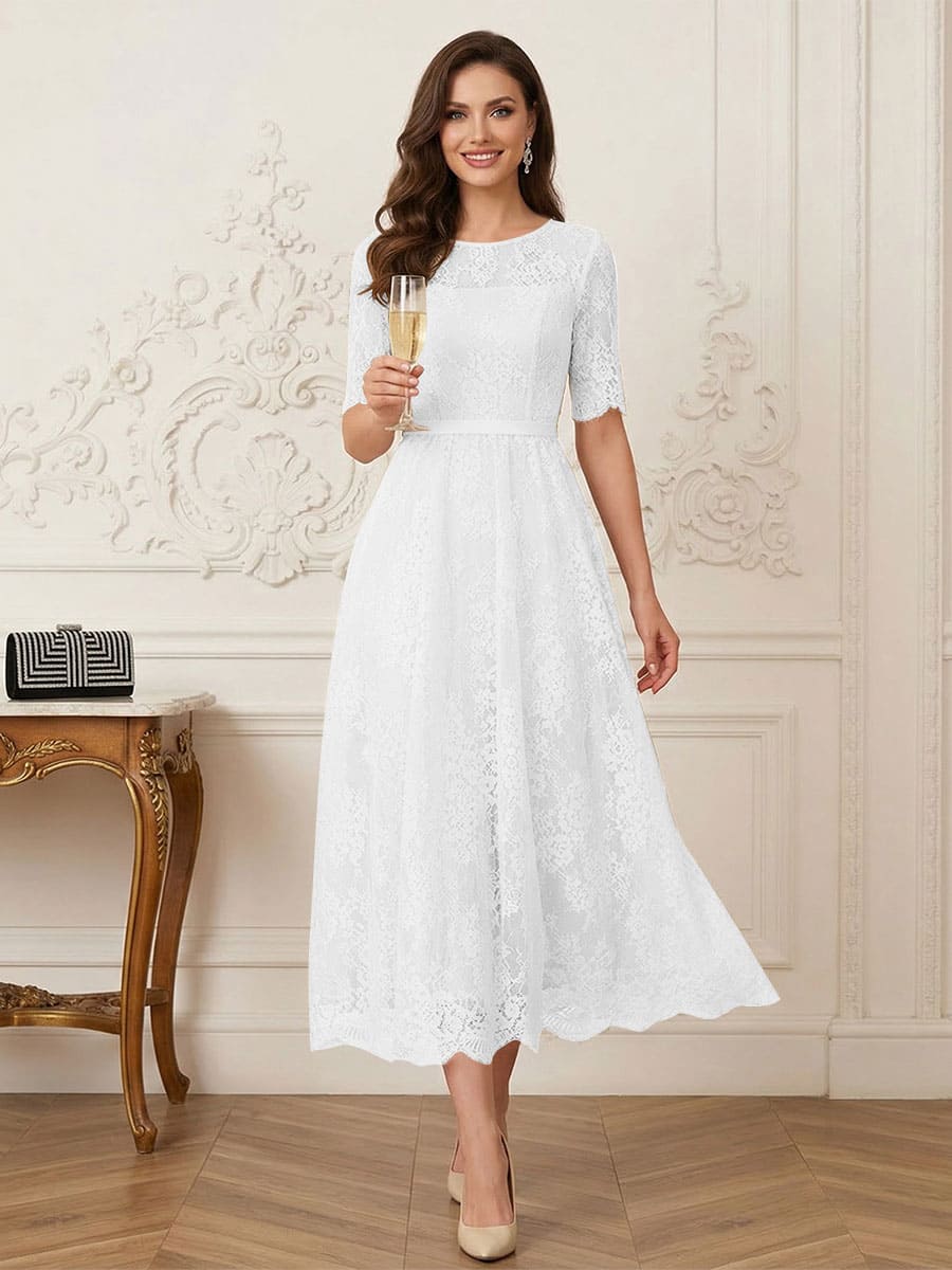 A-Line/Princess Illusion Neck Half Sleeves Tea-Length Mother of the Bride Dresses with Applique &amp; Sash