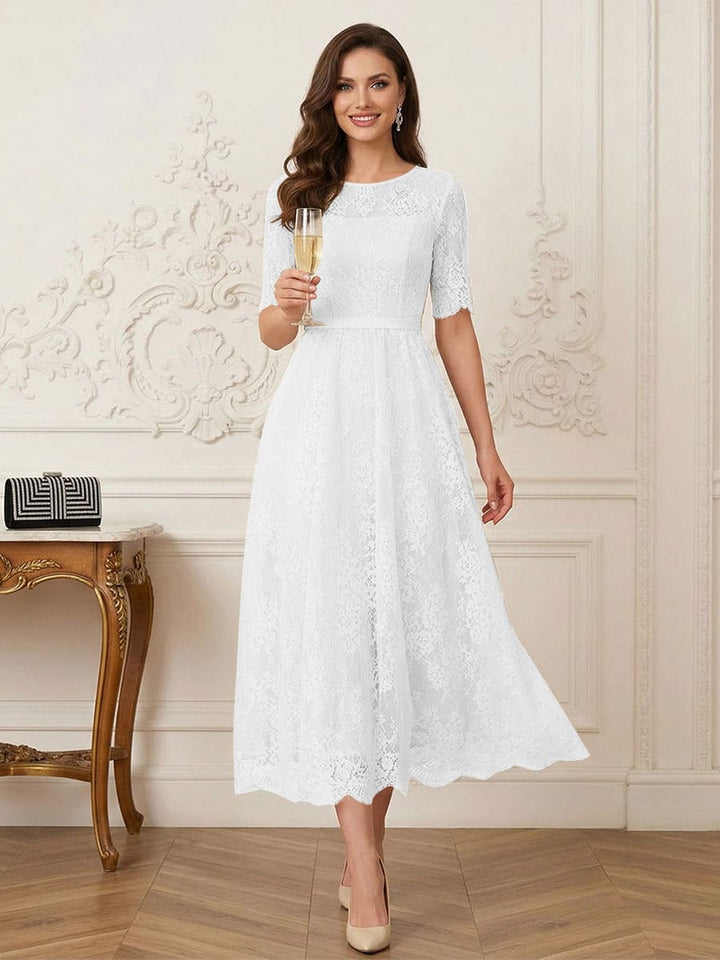 A-Line/Princess Illusion Neck Half Sleeves Tea-Length Mother of the Bride Dresses with Applique &amp; Sash