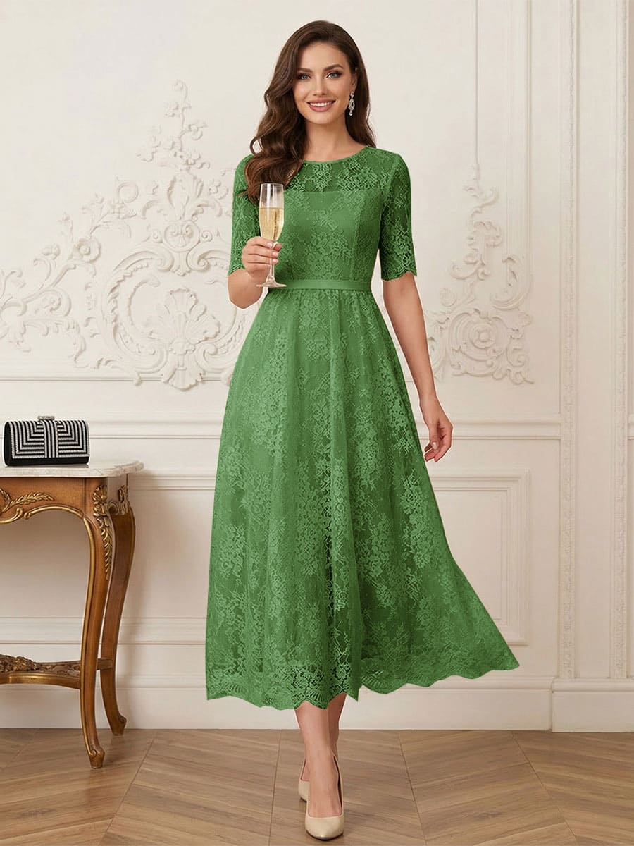 A-Line/Princess Illusion Neck Half Sleeves Tea-Length Mother of the Bride Dresses with Applique &amp; Sash