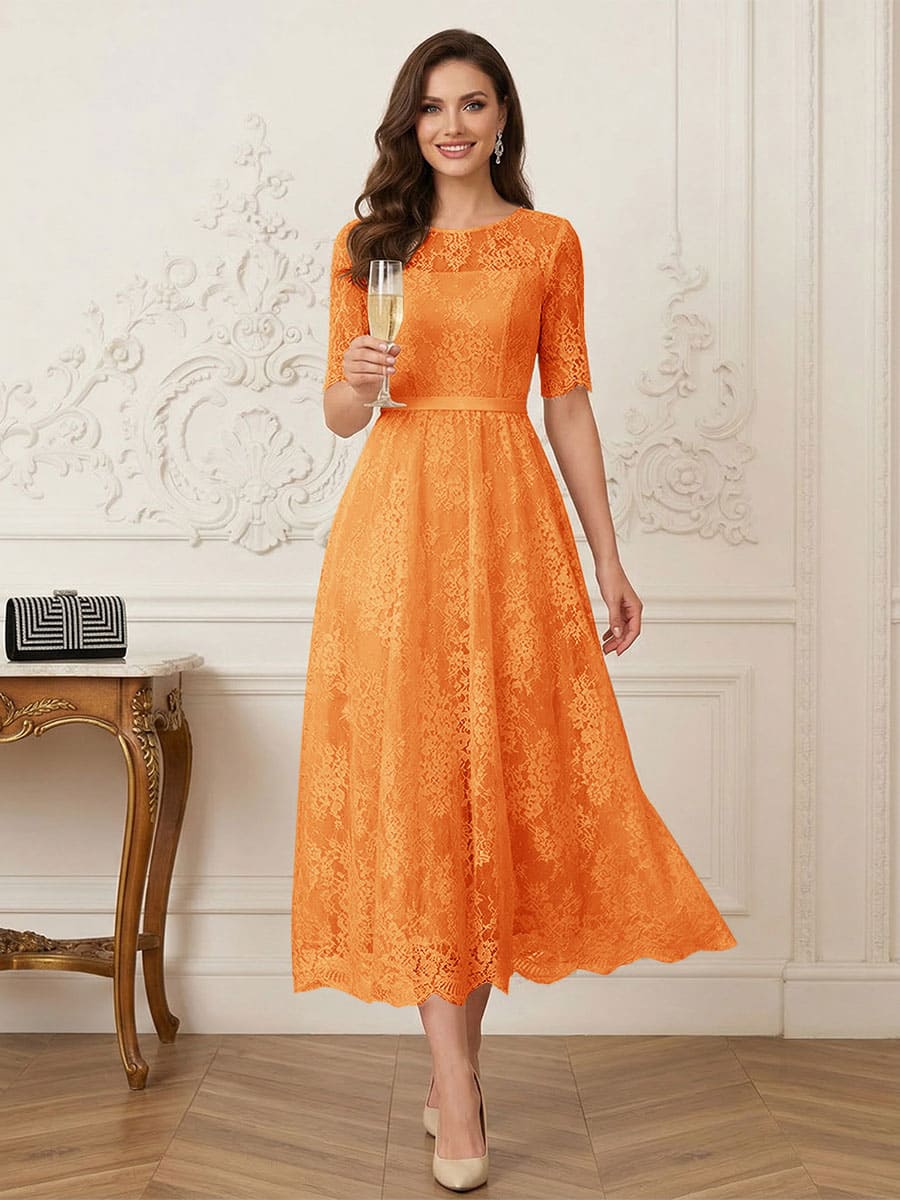 A-Line/Princess Illusion Neck Half Sleeves Tea-Length Mother of the Bride Dresses with Applique &amp; Sash