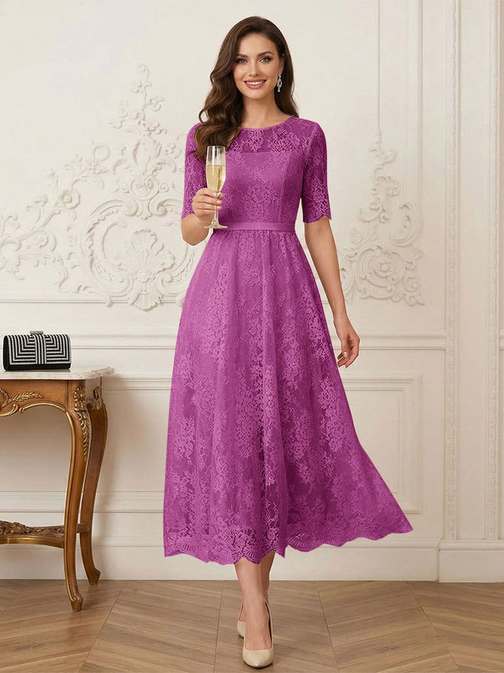 A-Line/Princess Illusion Neck Half Sleeves Tea-Length Mother of the Bride Dresses with Applique &amp; Sash