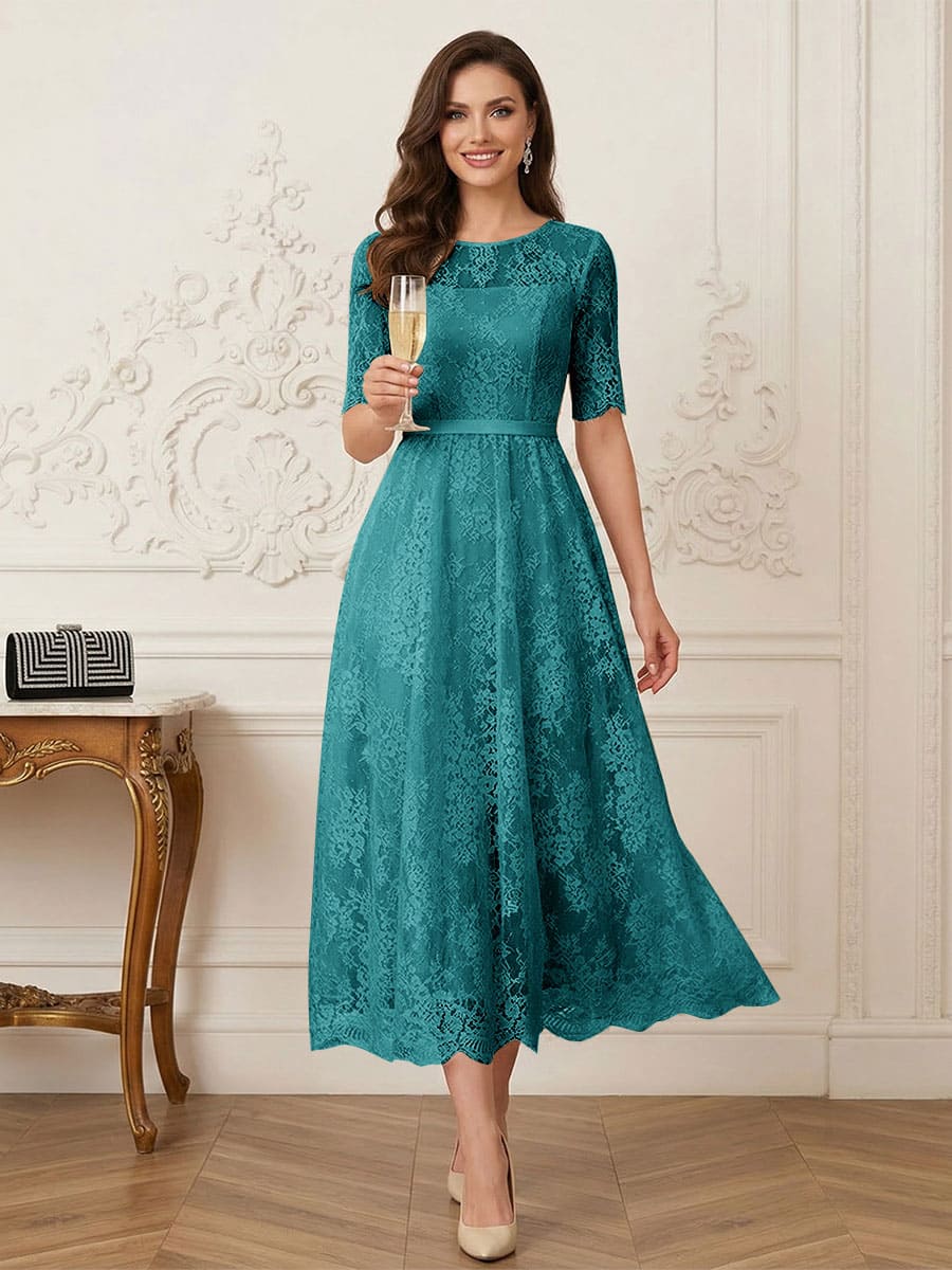 A-Line/Princess Illusion Neck Half Sleeves Tea-Length Mother of the Bride Dresses with Applique &amp; Sash