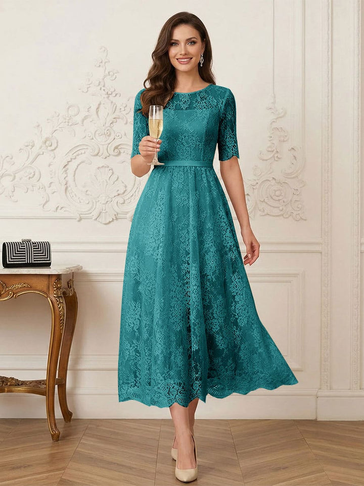 A-Line/Princess Illusion Neck Half Sleeves Tea-Length Mother of the Bride Dresses with Applique &amp; Sash
