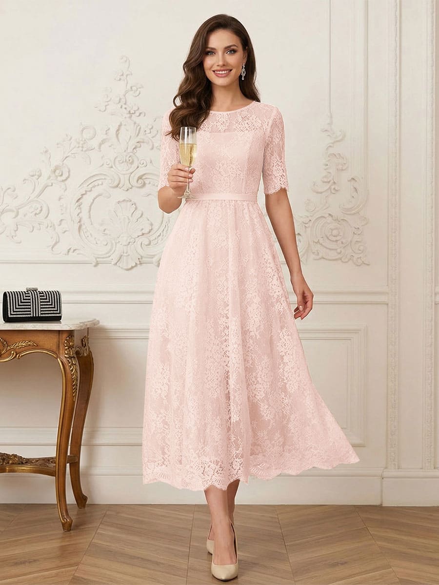 A-Line/Princess Illusion Neck Half Sleeves Tea-Length Mother of the Bride Dresses with Applique &amp; Sash