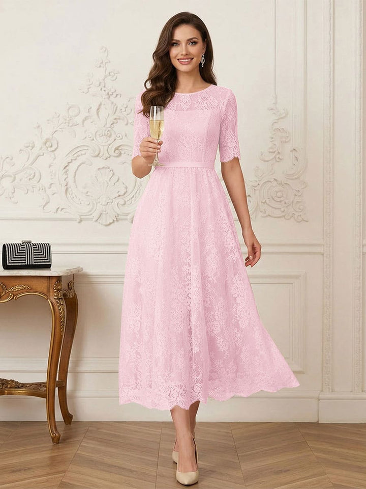 A-Line/Princess Illusion Neck Half Sleeves Tea-Length Mother of the Bride Dresses with Applique &amp; Sash