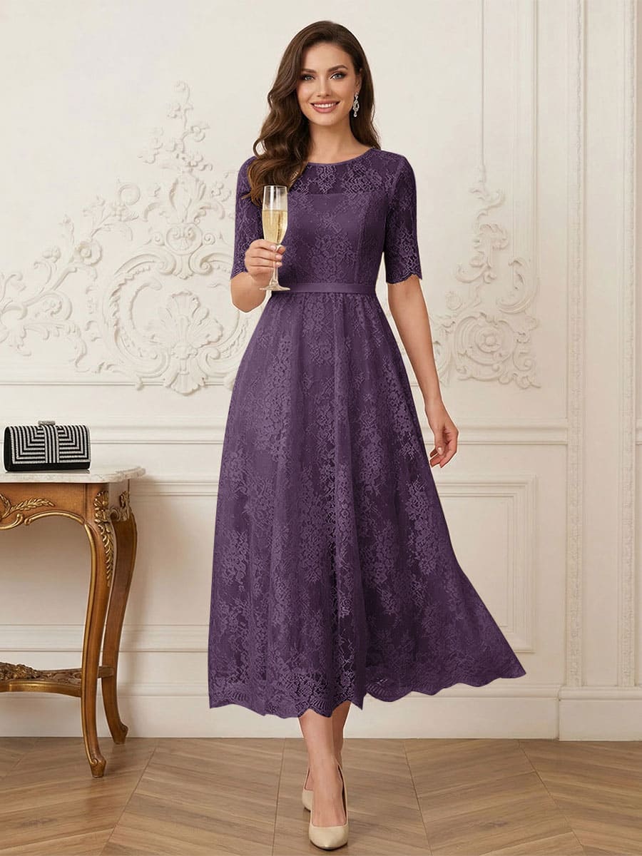 A-Line/Princess Illusion Neck Half Sleeves Tea-Length Mother of the Bride Dresses with Applique &amp; Sash