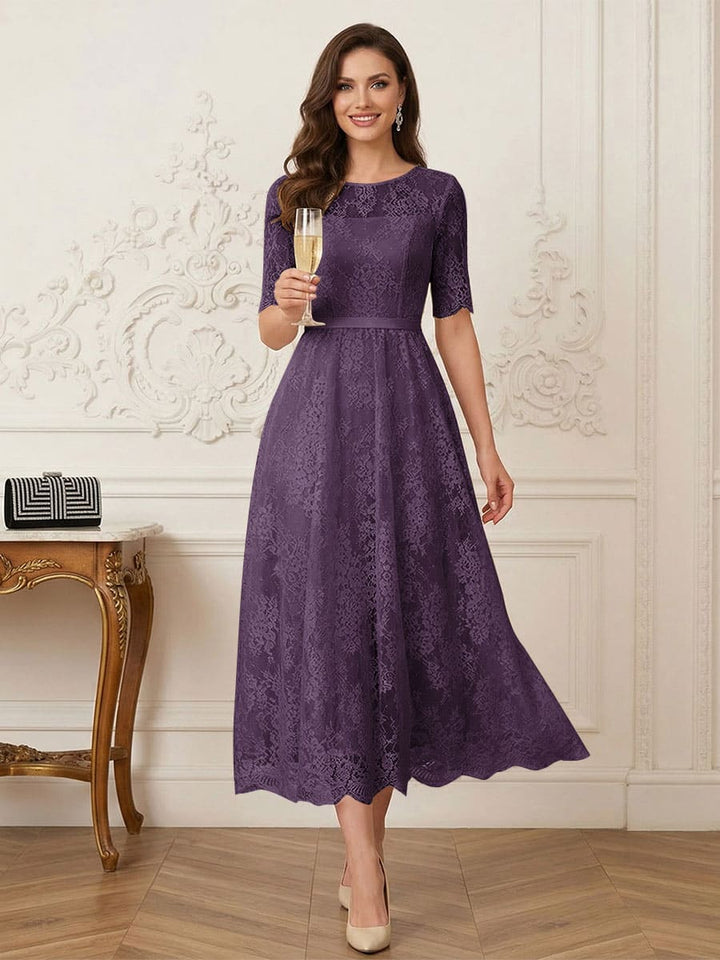 A-Line/Princess Illusion Neck Half Sleeves Tea-Length Mother of the Bride Dresses with Applique &amp; Sash