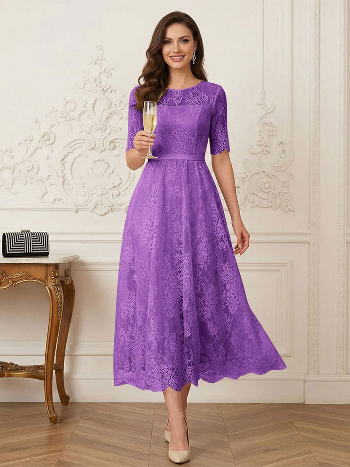 A-Line/Princess Illusion Neck Half Sleeves Tea-Length Mother of the Bride Dresses with Applique &amp; Sash