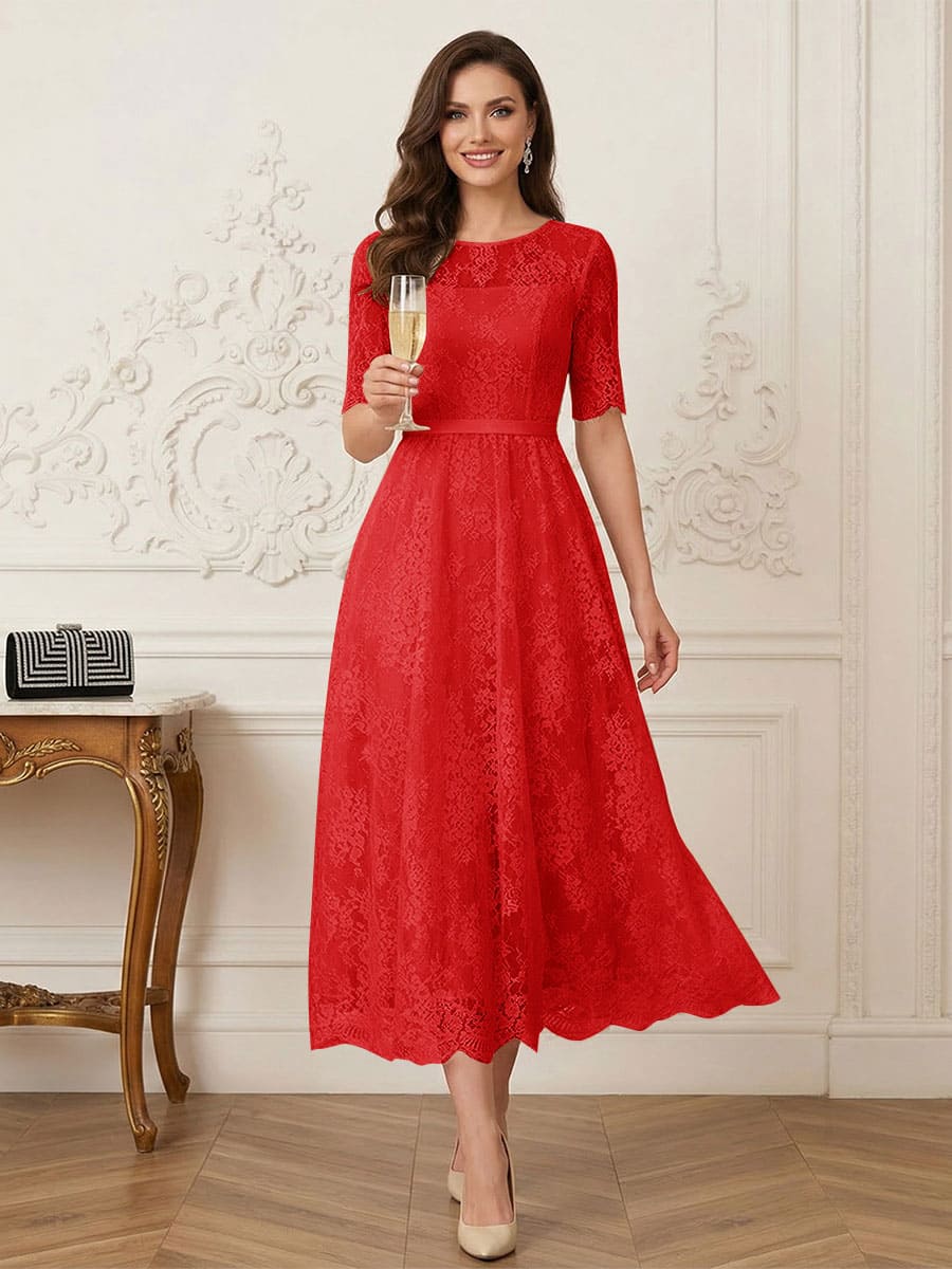 A-Line/Princess Illusion Neck Half Sleeves Tea-Length Mother of the Bride Dresses with Applique &amp; Sash