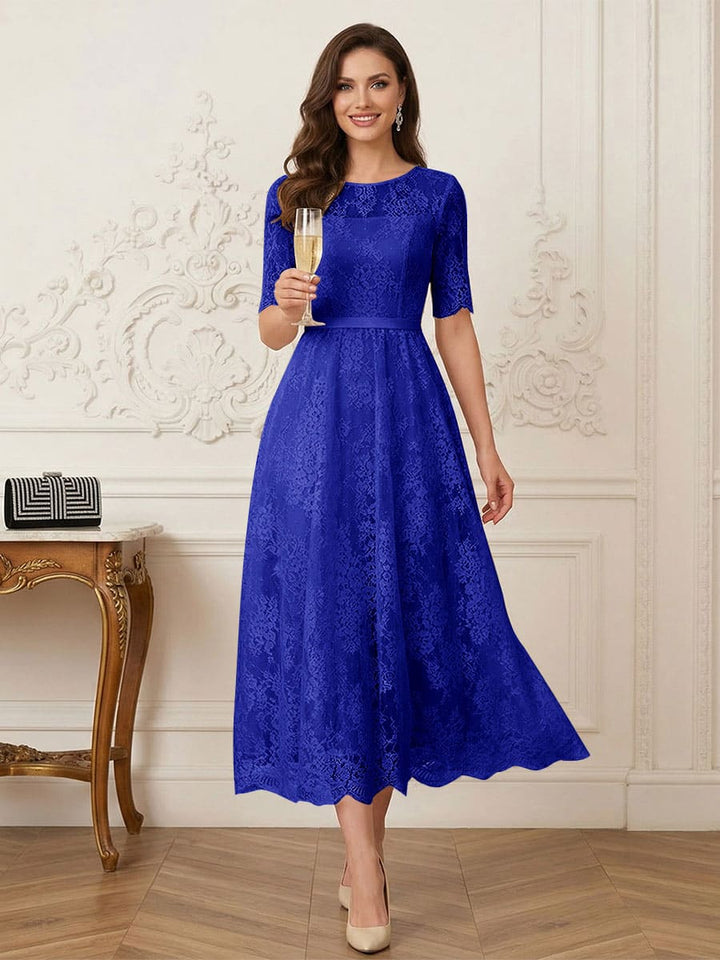 A-Line/Princess Illusion Neck Half Sleeves Tea-Length Mother of the Bride Dresses with Applique &amp; Sash