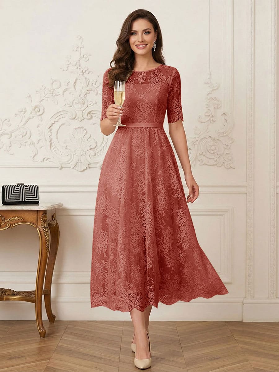 A-Line/Princess Illusion Neck Half Sleeves Tea-Length Mother of the Bride Dresses with Applique &amp; Sash