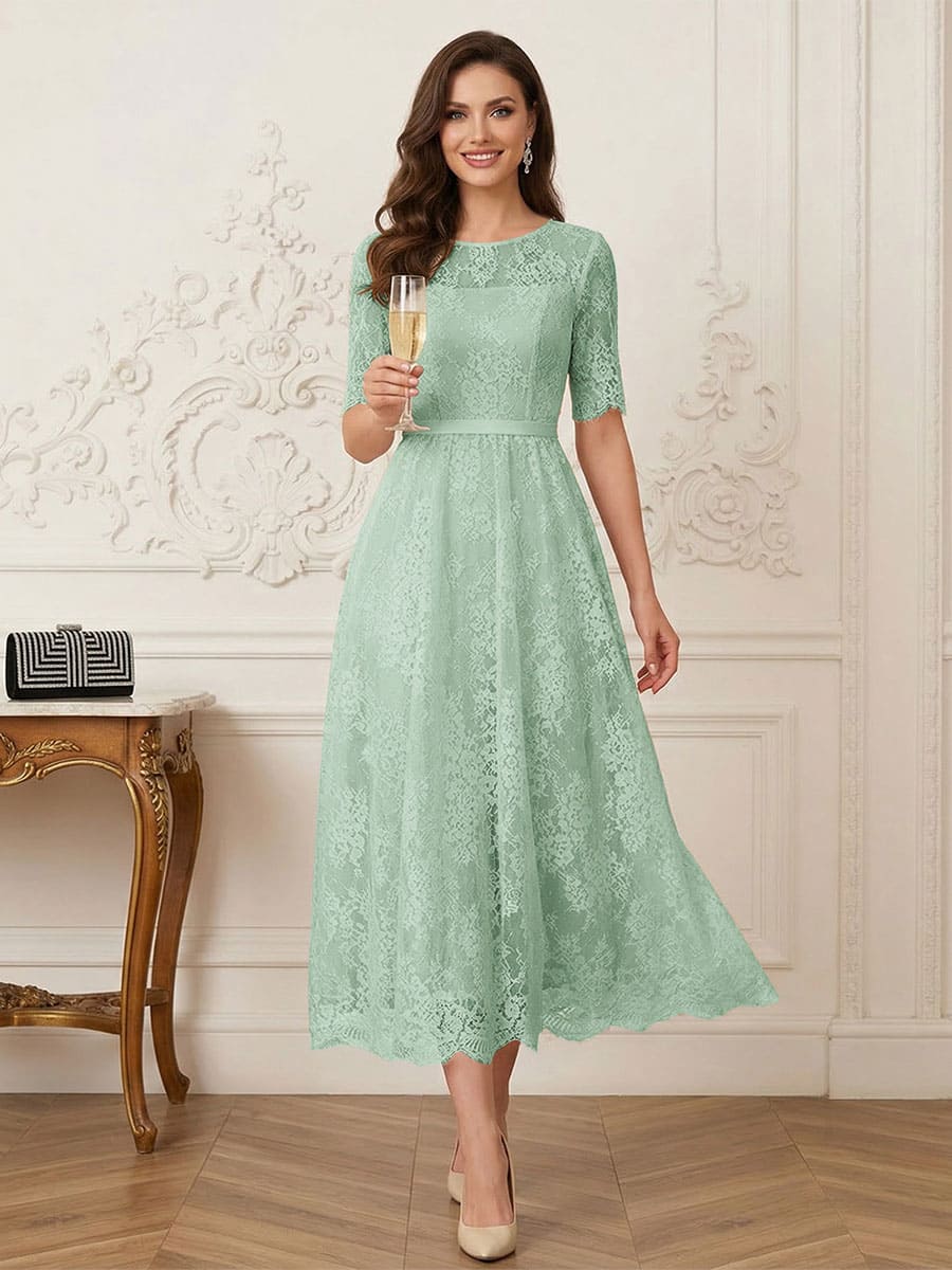 A-Line/Princess Illusion Neck Half Sleeves Tea-Length Mother of the Bride Dresses with Applique &amp; Sash