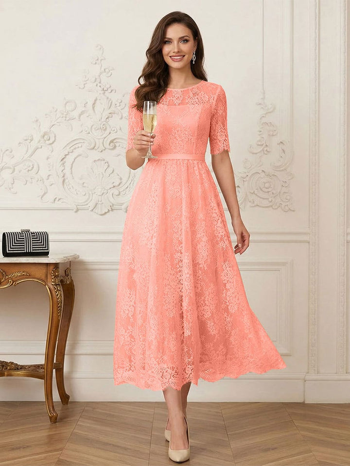 A-Line/Princess Illusion Neck Half Sleeves Tea-Length Mother of the Bride Dresses with Applique &amp; Sash