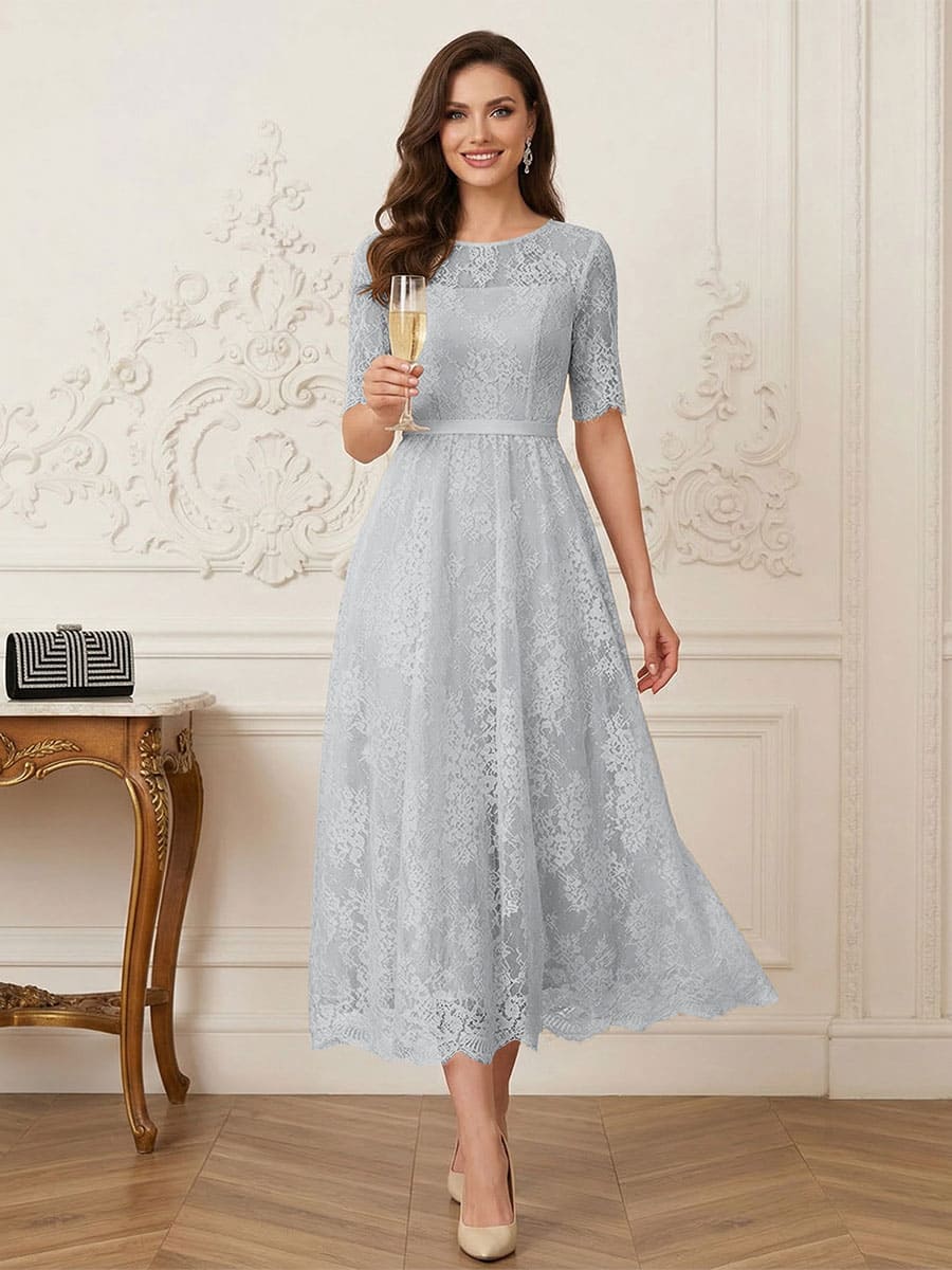 A-Line/Princess Illusion Neck Half Sleeves Tea-Length Mother of the Bride Dresses with Applique &amp; Sash