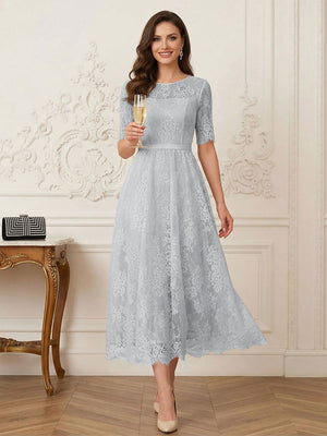 A-Line/Princess Illusion Neck Half Sleeves Tea-Length Mother of the Bride Dresses with Applique & Sash