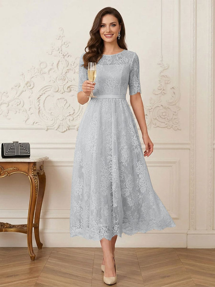 A-Line/Princess Illusion Neck Half Sleeves Tea-Length Mother of the Bride Dresses with Applique &amp; Sash